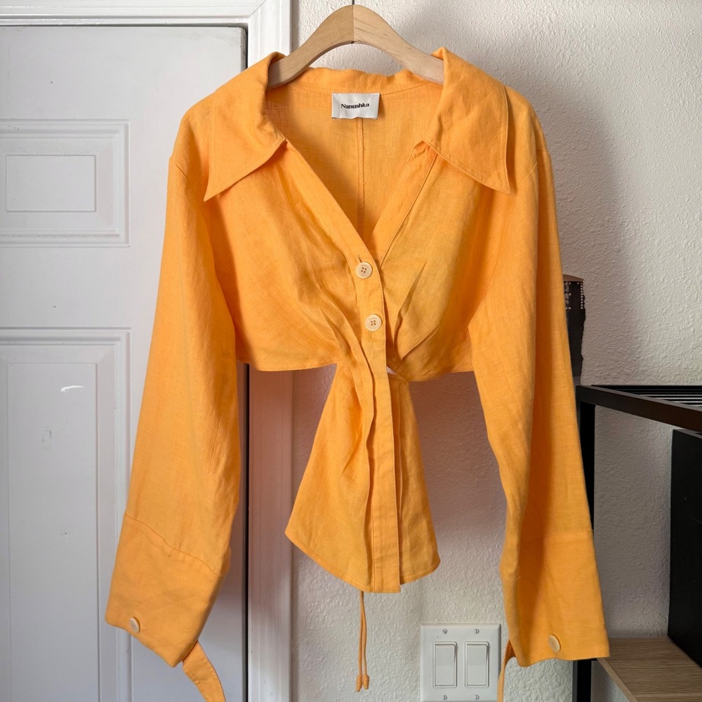 NANUSKA mustard yellow linen button up cutout long sleeve shirt top
